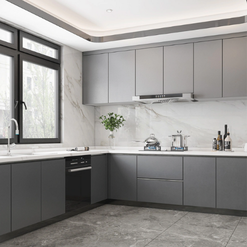 modern grey kitchen cabinets with white countertops